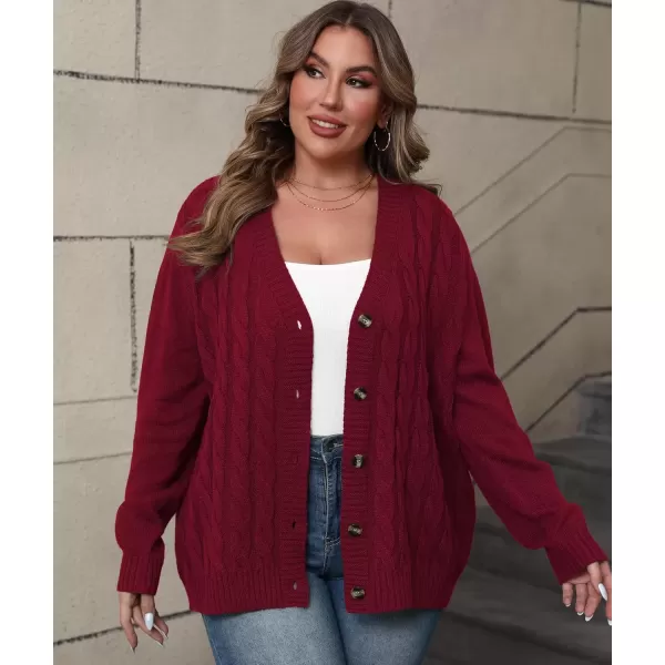 imagePOSESHE Womens Plus Size Open Front Cardigan Sweaters Fashion Button Down Cable Knit Chunky Outwear CoatsRed