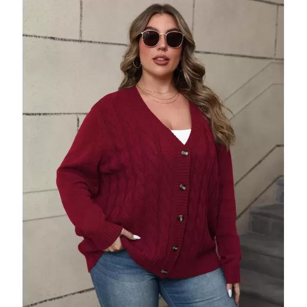 imagePOSESHE Womens Plus Size Open Front Cardigan Sweaters Fashion Button Down Cable Knit Chunky Outwear CoatsRed
