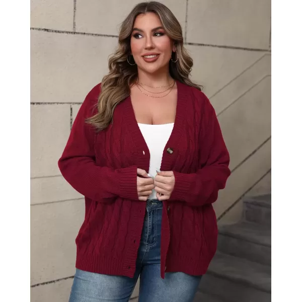 imagePOSESHE Womens Plus Size Open Front Cardigan Sweaters Fashion Button Down Cable Knit Chunky Outwear CoatsRed