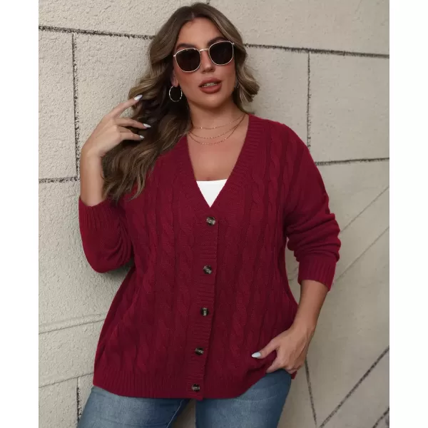 imagePOSESHE Womens Plus Size Open Front Cardigan Sweaters Fashion Button Down Cable Knit Chunky Outwear CoatsRed