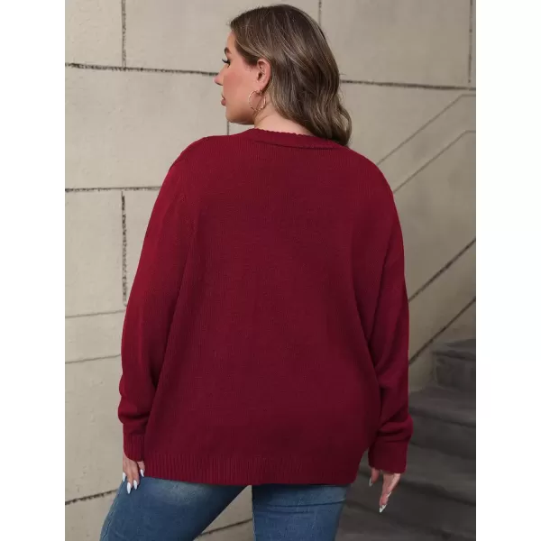 imagePOSESHE Womens Plus Size Open Front Cardigan Sweaters Fashion Button Down Cable Knit Chunky Outwear CoatsRed