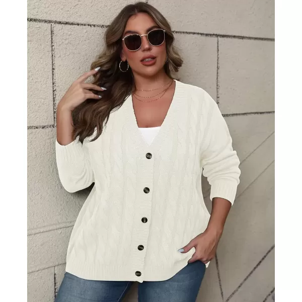 imagePOSESHE Womens Plus Size Open Front Cardigan Sweaters Fashion Button Down Cable Knit Chunky Outwear CoatsWhite