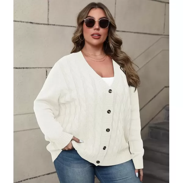 imagePOSESHE Womens Plus Size Open Front Cardigan Sweaters Fashion Button Down Cable Knit Chunky Outwear CoatsWhite