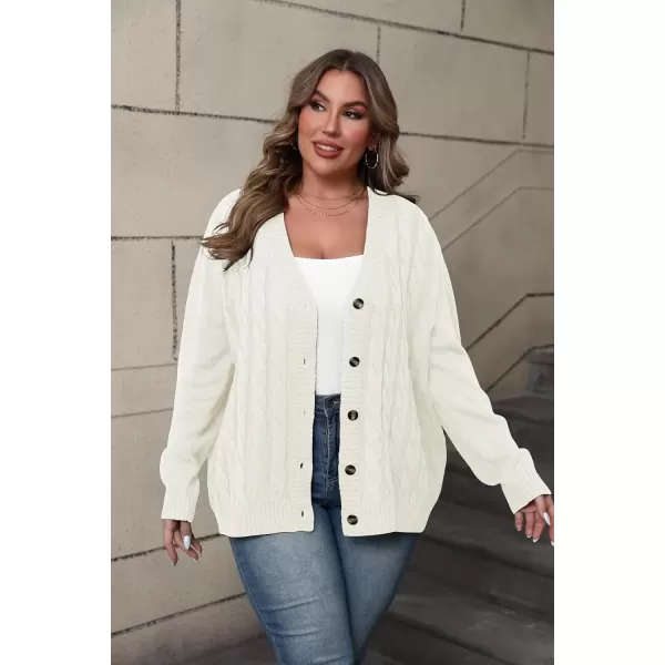 imagePOSESHE Womens Plus Size Open Front Cardigan Sweaters Fashion Button Down Cable Knit Chunky Outwear CoatsWhite