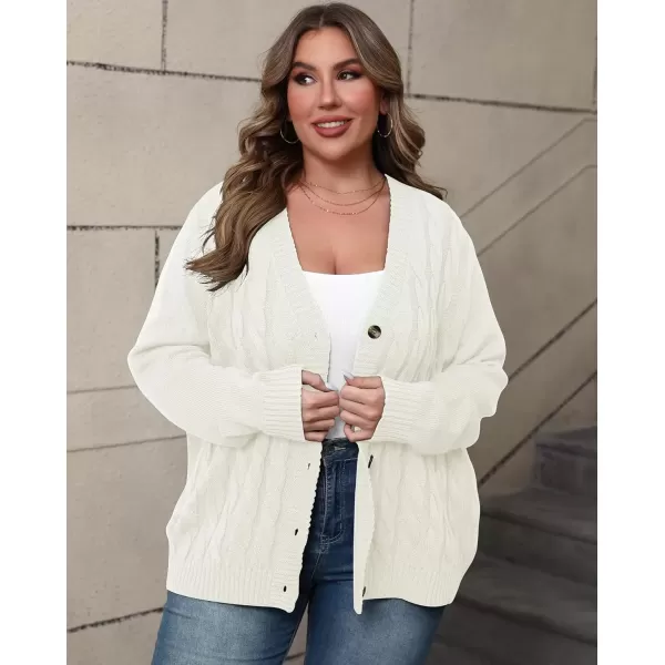 imagePOSESHE Womens Plus Size Open Front Cardigan Sweaters Fashion Button Down Cable Knit Chunky Outwear CoatsWhite