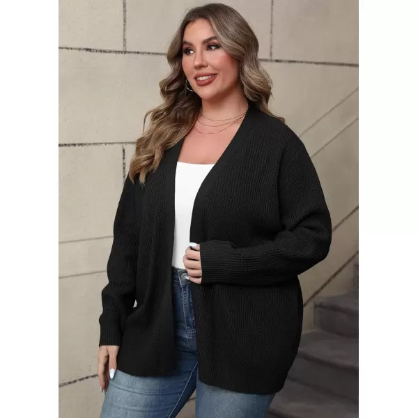 imagePOSESHE Womens Plus Size Open Front Knit Cardigan Casual Coatigan Sweater Lady Jacket Coat 2024 Winter OuterwearBlack