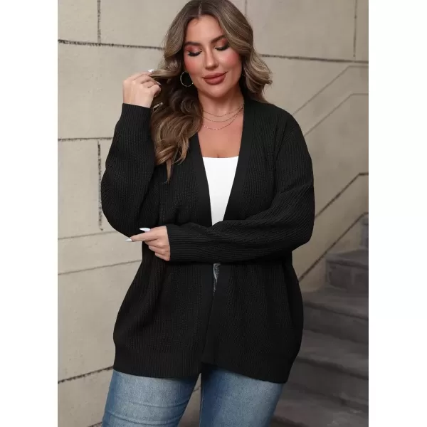 imagePOSESHE Womens Plus Size Open Front Knit Cardigan Casual Coatigan Sweater Lady Jacket Coat 2024 Winter OuterwearBlack