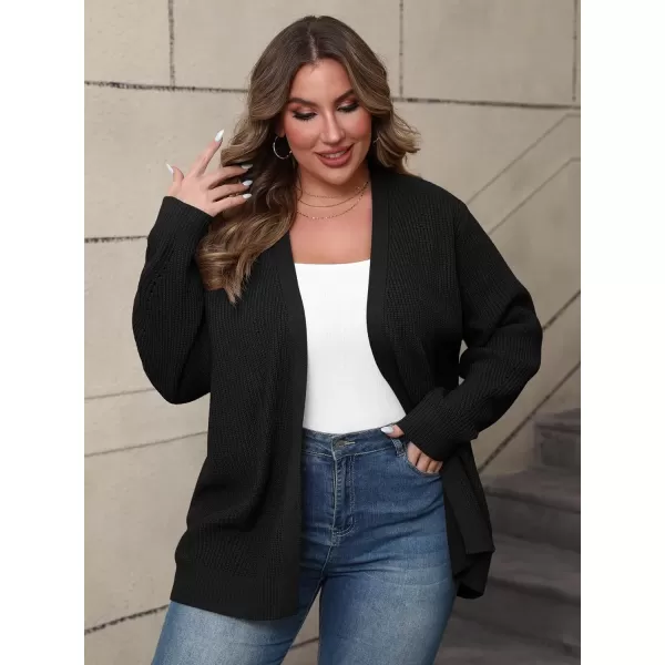 imagePOSESHE Womens Plus Size Open Front Knit Cardigan Casual Coatigan Sweater Lady Jacket Coat 2024 Winter OuterwearBlack