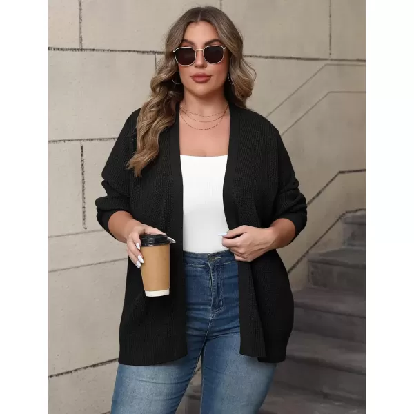 imagePOSESHE Womens Plus Size Open Front Knit Cardigan Casual Coatigan Sweater Lady Jacket Coat 2024 Winter OuterwearBlack
