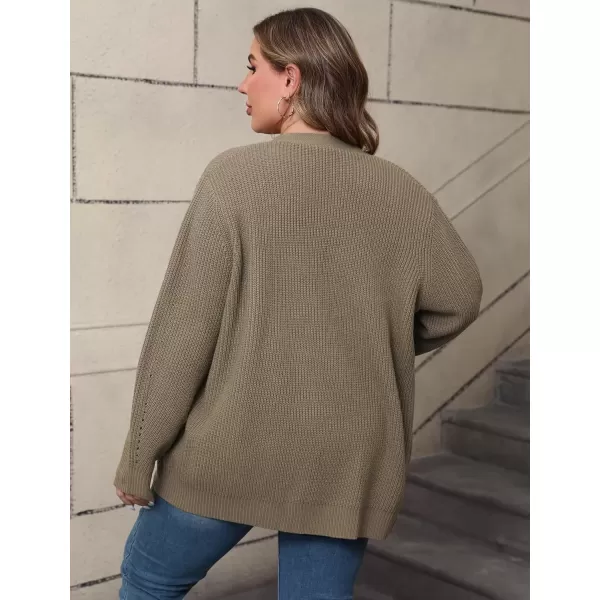 imagePOSESHE Womens Plus Size Open Front Knit Cardigan Casual Coatigan Sweater Lady Jacket Coat 2024 Winter OuterwearBrown