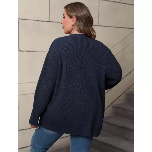 imagePOSESHE Womens Plus Size Open Front Knit Cardigan Casual Coatigan Sweater Lady Jacket Coat 2024 Winter OuterwearNavy Blue