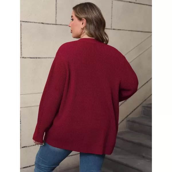imagePOSESHE Womens Plus Size Open Front Knit Cardigan Casual Coatigan Sweater Lady Jacket Coat 2024 Winter OuterwearRed