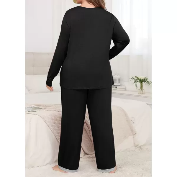 imagePOSESHE Womens Plus Size Pajama Sets Short Sleeve 2 Piece Summer Lounge Sleepwear Ladies Cute Pjs Sets with Pockets 2024Black