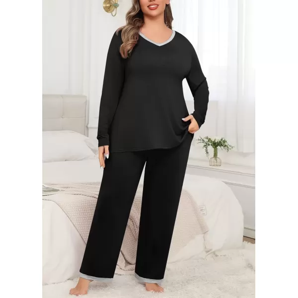 imagePOSESHE Womens Plus Size Pajama Sets Short Sleeve 2 Piece Summer Lounge Sleepwear Ladies Cute Pjs Sets with Pockets 2024Black