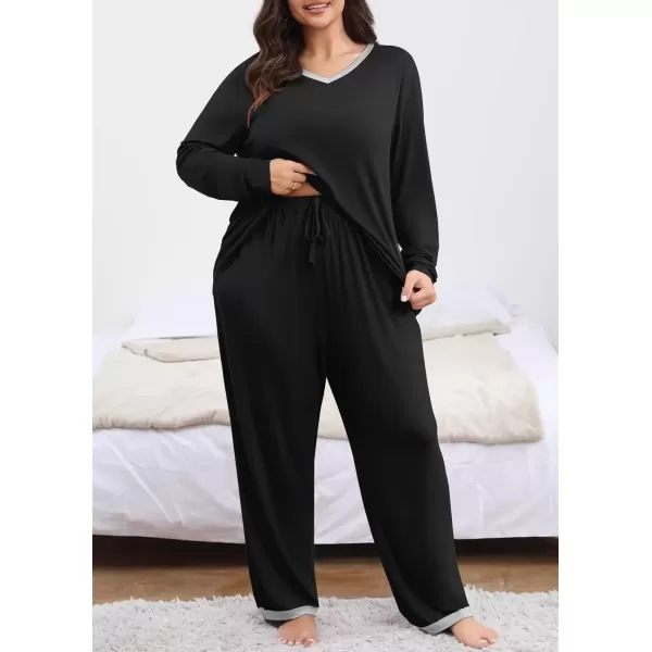 imagePOSESHE Womens Plus Size Pajama Sets Short Sleeve 2 Piece Summer Lounge Sleepwear Ladies Cute Pjs Sets with Pockets 2024Black
