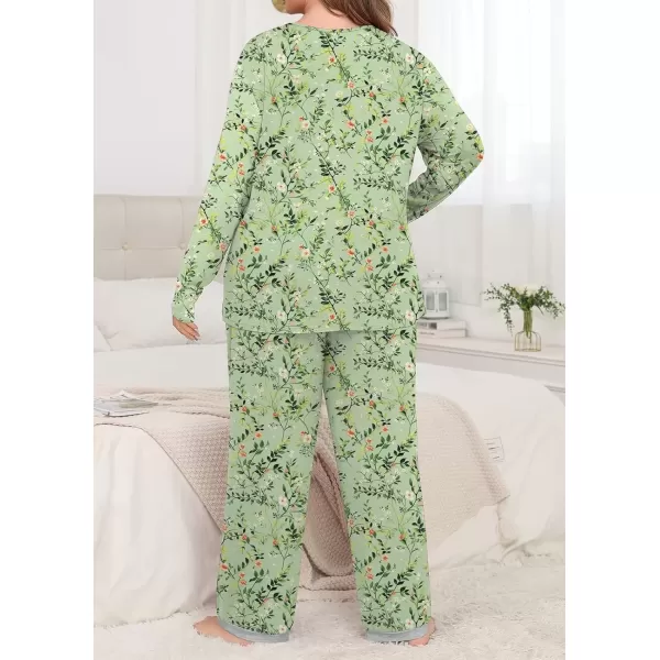 imagePOSESHE Womens Plus Size Pajama Sets Short Sleeve 2 Piece Summer Lounge Sleepwear Ladies Cute Pjs Sets with Pockets 2024Green W Floral