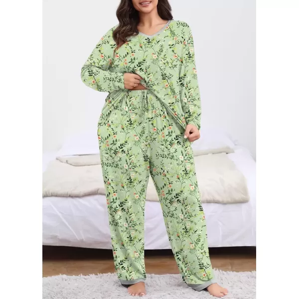 imagePOSESHE Womens Plus Size Pajama Sets Short Sleeve 2 Piece Summer Lounge Sleepwear Ladies Cute Pjs Sets with Pockets 2024Green W Floral