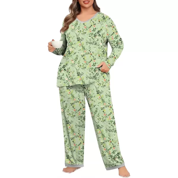 imagePOSESHE Womens Plus Size Pajama Sets Short Sleeve 2 Piece Summer Lounge Sleepwear Ladies Cute Pjs Sets with Pockets 2024Green W Floral