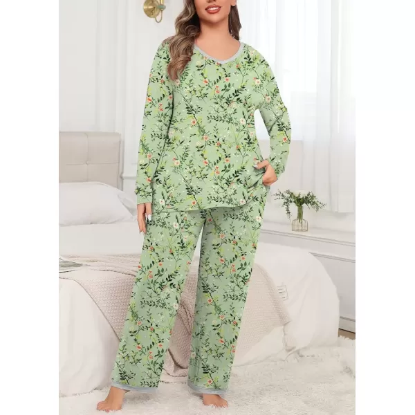imagePOSESHE Womens Plus Size Pajama Sets Short Sleeve 2 Piece Summer Lounge Sleepwear Ladies Cute Pjs Sets with Pockets 2024Green W Floral