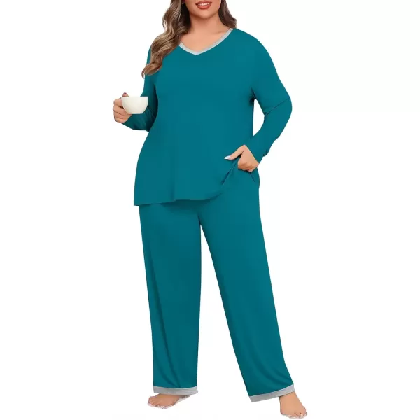 imagePOSESHE Womens Plus Size Pajama Sets Short Sleeve 2 Piece Summer Lounge Sleepwear Ladies Cute Pjs Sets with Pockets 2024Grey Blue