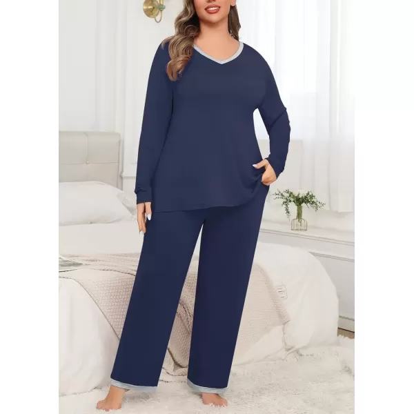 imagePOSESHE Womens Plus Size Pajama Sets Short Sleeve 2 Piece Summer Lounge Sleepwear Ladies Cute Pjs Sets with Pockets 2024Navy Blue
