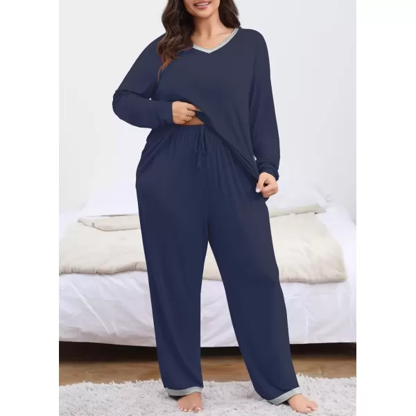 imagePOSESHE Womens Plus Size Pajama Sets Short Sleeve 2 Piece Summer Lounge Sleepwear Ladies Cute Pjs Sets with Pockets 2024Navy Blue