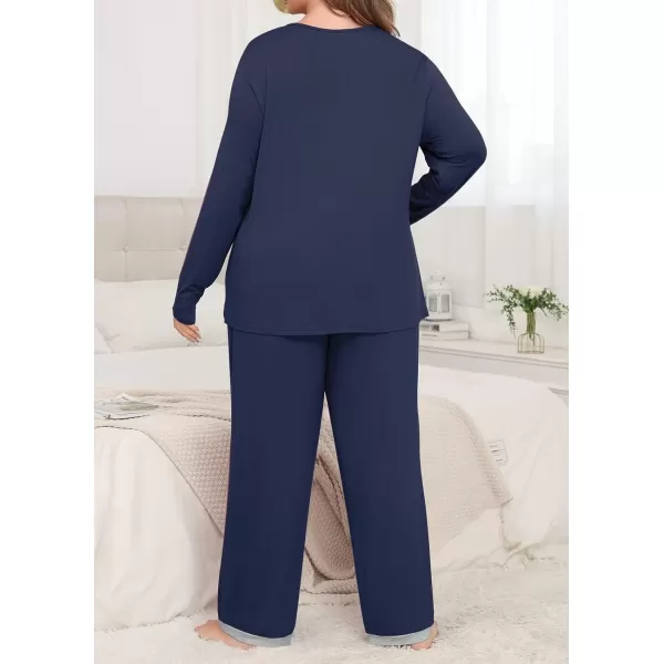imagePOSESHE Womens Plus Size Pajama Sets Short Sleeve 2 Piece Summer Lounge Sleepwear Ladies Cute Pjs Sets with Pockets 2024Navy Blue