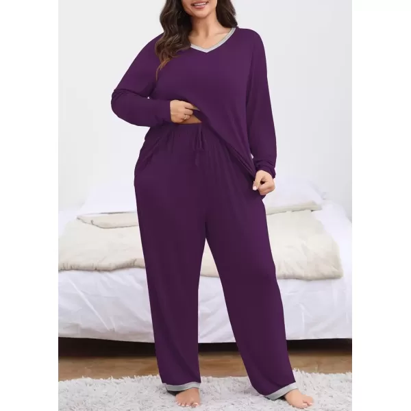 imagePOSESHE Womens Plus Size Pajama Sets Short Sleeve 2 Piece Summer Lounge Sleepwear Ladies Cute Pjs Sets with Pockets 2024Purple