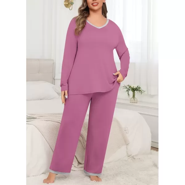imagePOSESHE Womens Plus Size Pajama Sets Short Sleeve 2 Piece Summer Lounge Sleepwear Ladies Cute Pjs Sets with Pockets 2024Purple Red