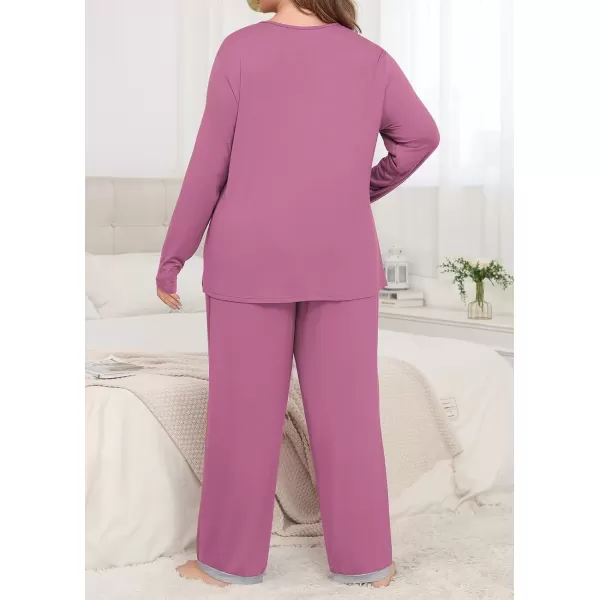 imagePOSESHE Womens Plus Size Pajama Sets Short Sleeve 2 Piece Summer Lounge Sleepwear Ladies Cute Pjs Sets with Pockets 2024Purple Red