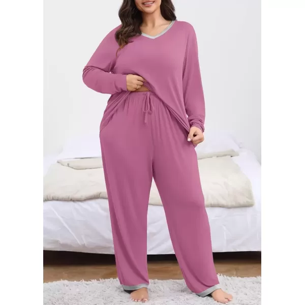 imagePOSESHE Womens Plus Size Pajama Sets Short Sleeve 2 Piece Summer Lounge Sleepwear Ladies Cute Pjs Sets with Pockets 2024Purple Red