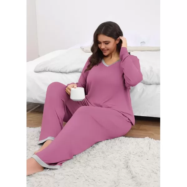 imagePOSESHE Womens Plus Size Pajama Sets Short Sleeve 2 Piece Summer Lounge Sleepwear Ladies Cute Pjs Sets with Pockets 2024Purple Red