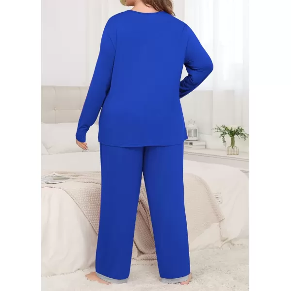 imagePOSESHE Womens Plus Size Pajama Sets Short Sleeve 2 Piece Summer Lounge Sleepwear Ladies Cute Pjs Sets with Pockets 2024Royal Blue