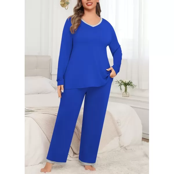 imagePOSESHE Womens Plus Size Pajama Sets Short Sleeve 2 Piece Summer Lounge Sleepwear Ladies Cute Pjs Sets with Pockets 2024Royal Blue