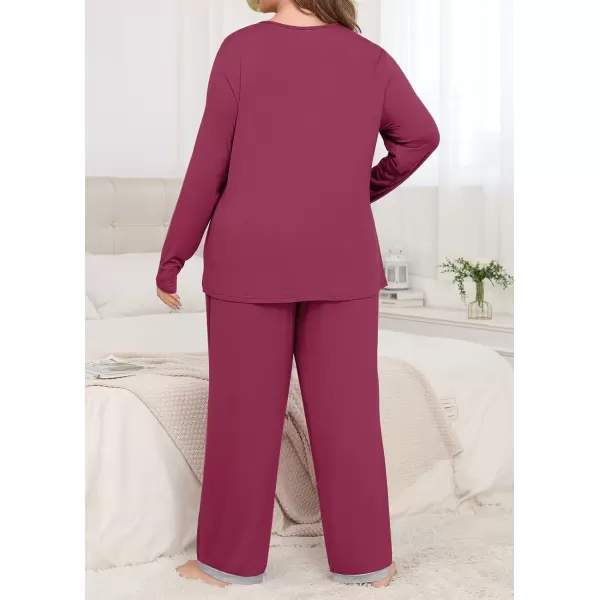 imagePOSESHE Womens Plus Size Pajama Sets Short Sleeve 2 Piece Summer Lounge Sleepwear Ladies Cute Pjs Sets with Pockets 2024Wine Red