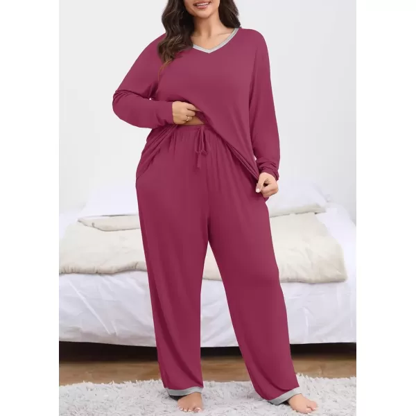 imagePOSESHE Womens Plus Size Pajama Sets Short Sleeve 2 Piece Summer Lounge Sleepwear Ladies Cute Pjs Sets with Pockets 2024Wine Red