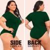 imagePOSESHE Womens Plus Size Bodysuit V neck Short Sleeves Casual Basic Bodysuit Tops Jumpsuit TshirtsDark Green