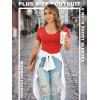 imagePOSESHE Womens Plus Size Bodysuit V neck Short Sleeves Casual Basic Bodysuit Tops Jumpsuit TshirtsRed