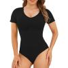 imagePOSESHE Womens Plus Size Bodysuit V neck Short Sleeves Casual Basic Bodysuit Tops Jumpsuit Tshirts07 Black