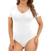 imagePOSESHE Womens Plus Size Bodysuit V neck Short Sleeves Casual Basic Bodysuit Tops Jumpsuit Tshirts07 White