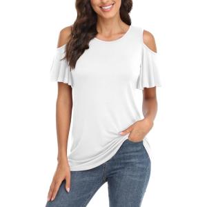 imagePOSESHE Womens Plus Size Summer Tunic Tops Cold Shoulder Tee Ruffle Short Sleeve T ShirtWhite