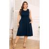 imagePOSESHE Womens Plus Size Dress 2024 Summer Round Neck Sleeveless Casual Empire Waist Loose Fit Swing Tank Dress with PocketsNavy Blue
