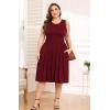 imagePOSESHE Womens Plus Size Dress 2024 Summer Round Neck Sleeveless Casual Empire Waist Loose Fit Swing Tank Dress with PocketsWine Red