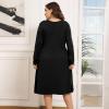 imagePOSESHE Womens Plus Size Dresses 2024 Long Sleeves Crew Neck Casual Dresses Empire Waist Loose Flowy Dress with PocketsC1black