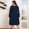 imagePOSESHE Womens Plus Size Dresses 2024 Long Sleeves Crew Neck Casual Dresses Empire Waist Loose Flowy Dress with PocketsC3navy Blue