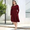 imagePOSESHE Womens Plus Size Dresses 2024 Long Sleeves Crew Neck Casual Dresses Empire Waist Loose Flowy Dress with PocketsC5wine Red