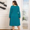 imagePOSESHE Womens Plus Size Dresses 2024 Long Sleeves Crew Neck Casual Dresses Empire Waist Loose Flowy Dress with PocketsGrey Blue