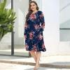 imagePOSESHE Womens Plus Size Dresses 2024 Long Sleeves Crew Neck Casual Dresses Empire Waist Loose Flowy Dress with PocketsNavy Blue Floral