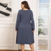 imagePOSESHE Womens Plus Size Dresses 2024 Long Sleeves Crew Neck Casual Dresses Empire Waist Loose Flowy Dress with PocketsPurple Grey