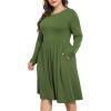 imagePOSESHE Womens Plus Size Dresses 2024 Long Sleeves Crew Neck Casual Dresses Empire Waist Loose Flowy Dress with PocketsC2army Green